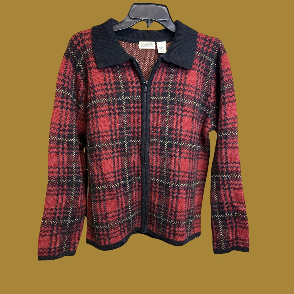 Classic Elements Sweater Womens M Red Black Plaid Zip Front Collared CardiganVTG